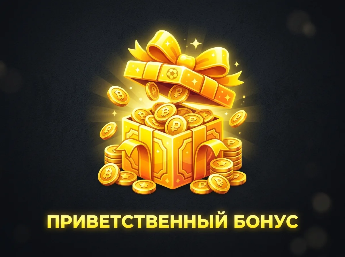 Иконка подарка с монетами — символ приветственного бонуса букмекера, жёлтый цвет на тёмном фоне
