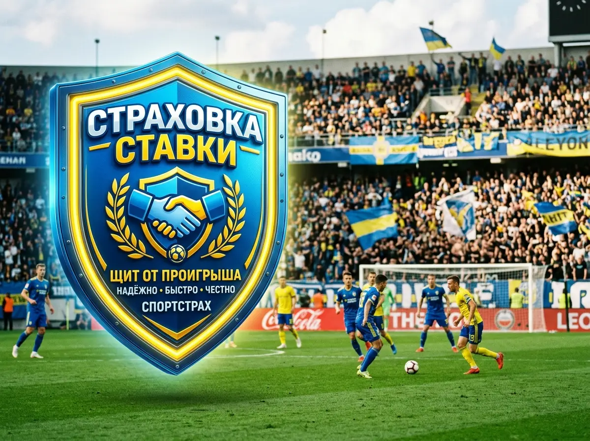 Страховка ставки — щит с логотипом страхования на фоне спортивного события, синий и жёлтый тон