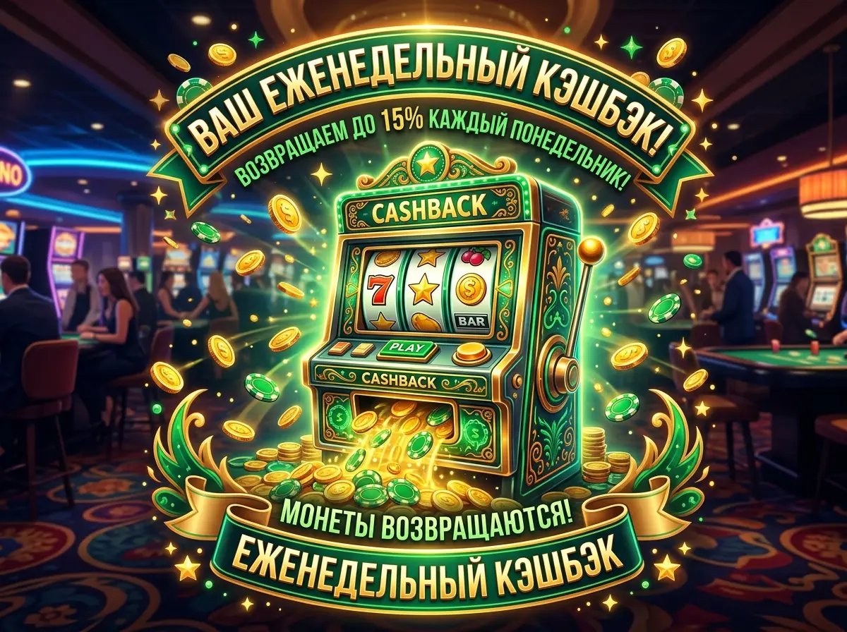 Кэшбэк в казино — символ возврата монет в слот-машину, зелёные и золотые цвета, еженедельная акция
